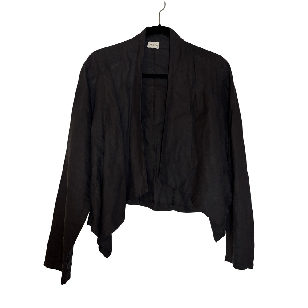 Posh Black Linen Blend Open Front Draped Waterfall Cropped Jacket Womens L